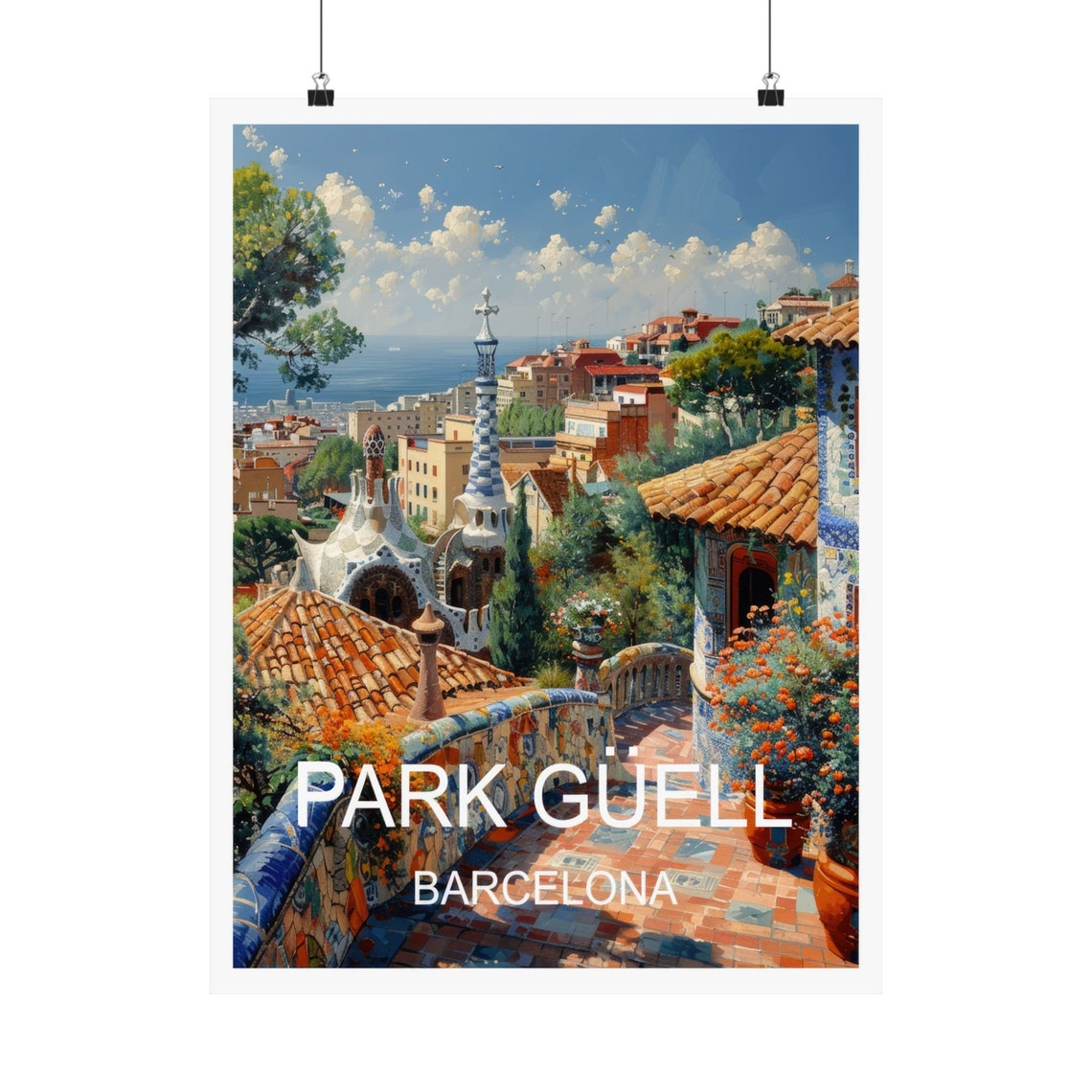 Barcelona Spain Park Guell Mosaic Terrace Gaudi Sea View Travel Poster - Image 4