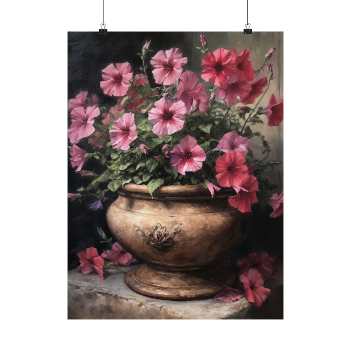 Pink Petunias Bronze Urn Dark Moody Floral Still Life Art Poster - Image 5