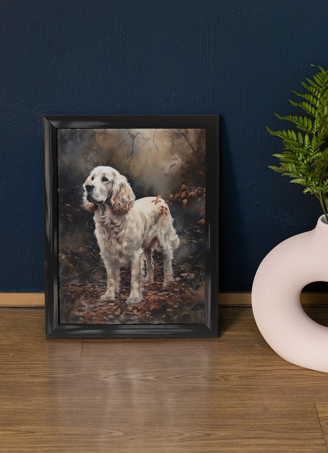 Clumber Spaniel in Dark Autumn Forest Watercolor Dog Art Print