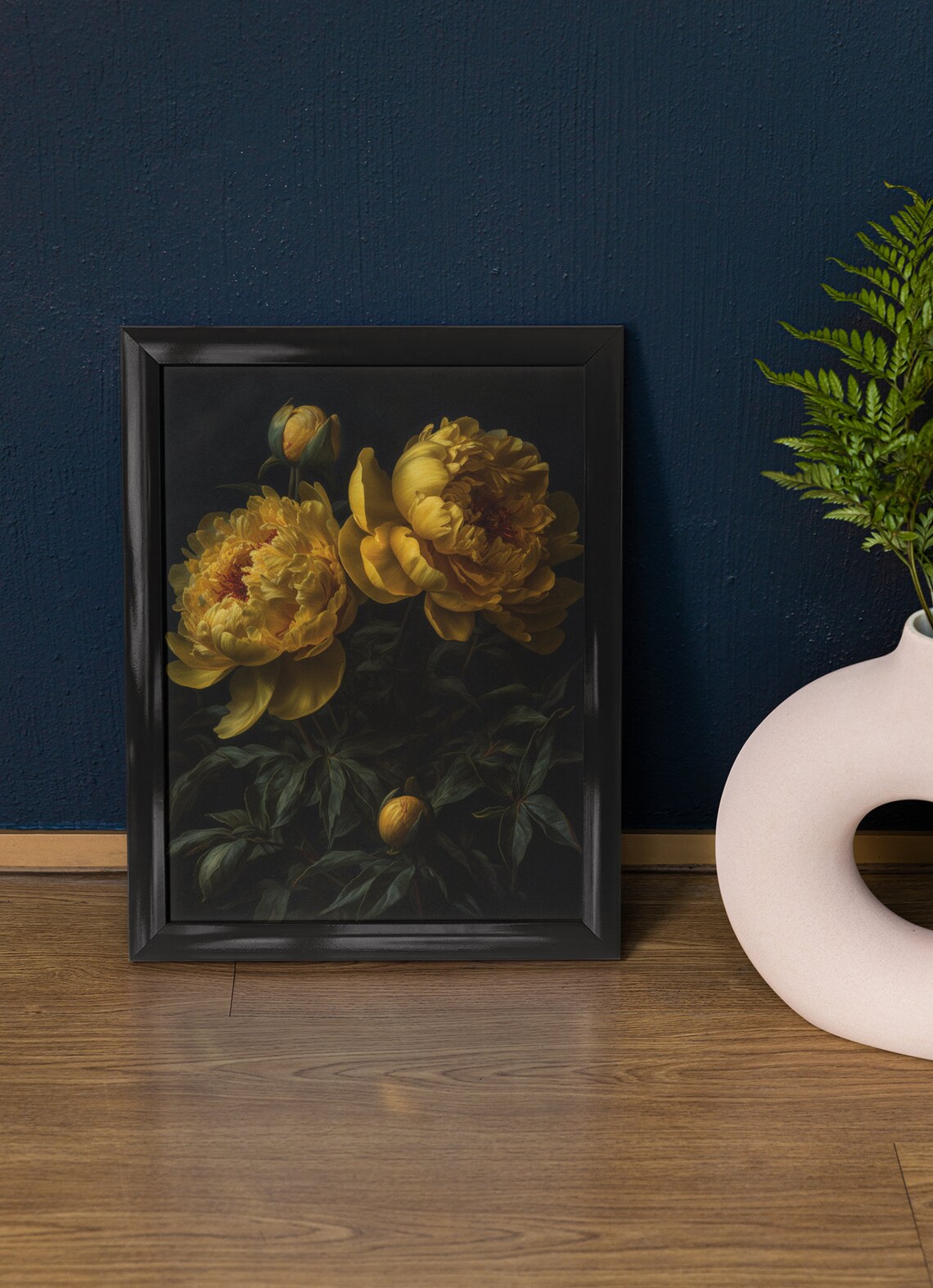 Yellow Peony Blossoms Golden Blooms Dark Botanical Still Life Poster