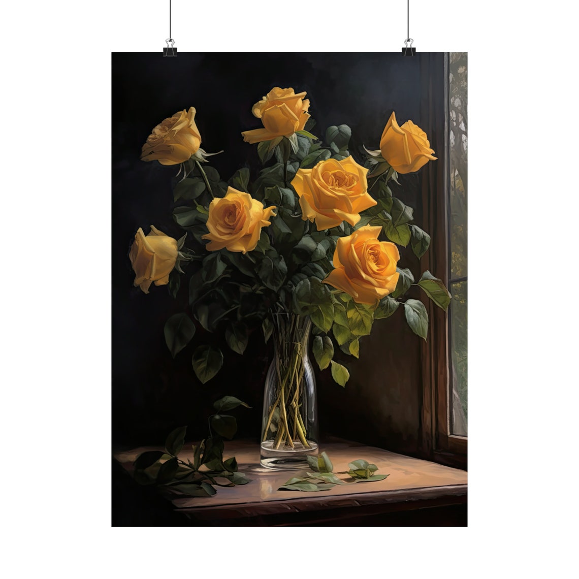 Yellow Rose Bouquet Glass Vase Moody Dark Still Life Floral Art Poster - Image 5