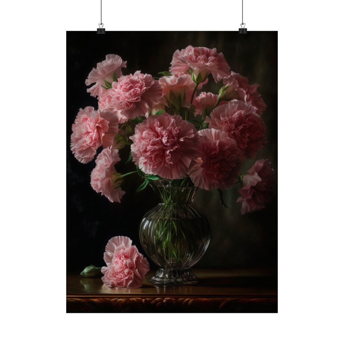Pink Carnations Ribbed Glass Vase Moody Evening Floral Art Poster - Image 5