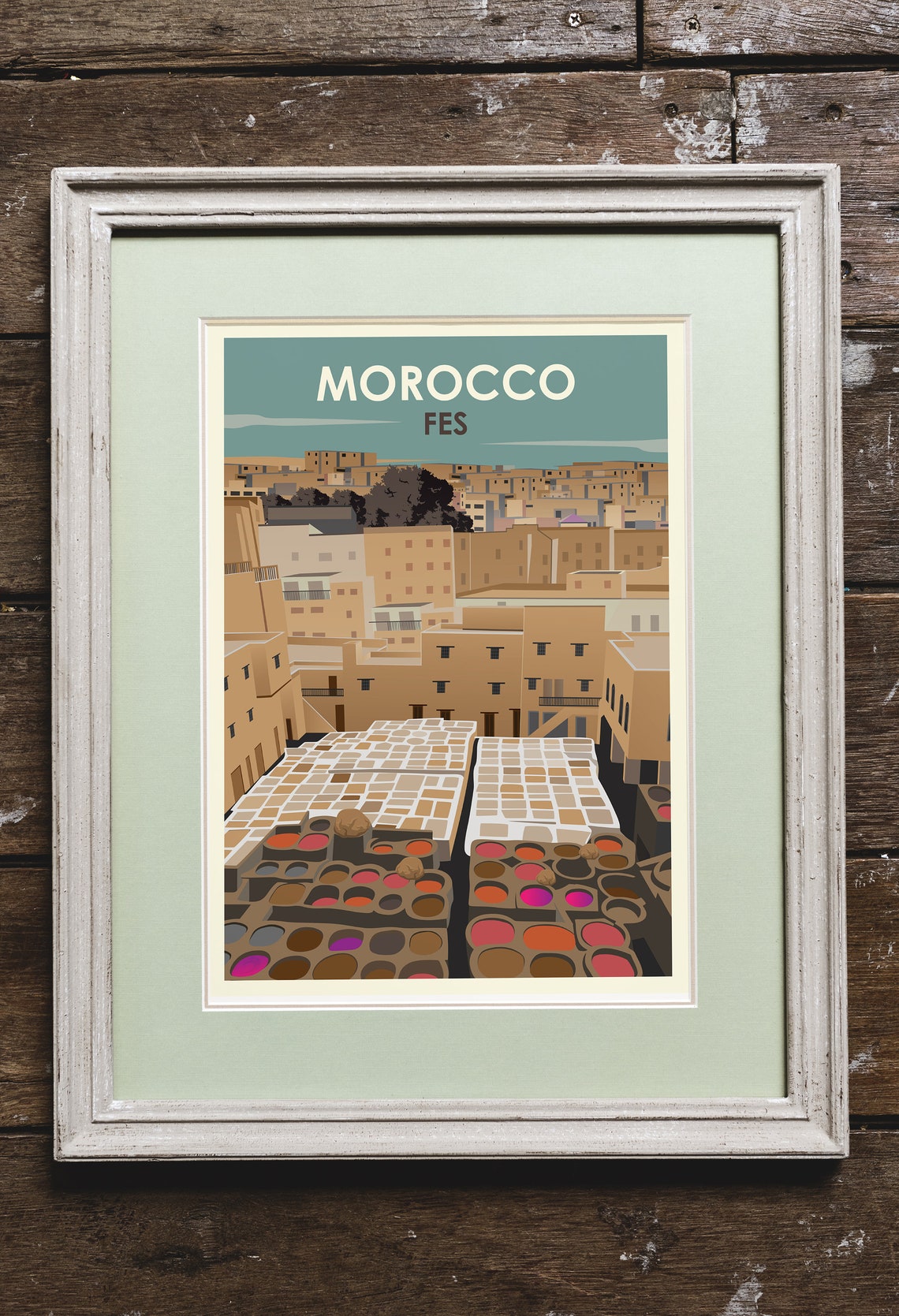 Fes Morocco Vintage Travel Poster with Leather Tannery Dye Vats - Image 2