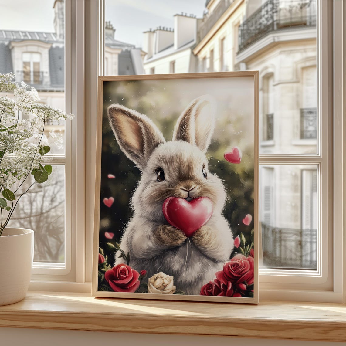 Fluffy Bunny Holding Red Heart Among Roses Valentine Art Poster - Image 3