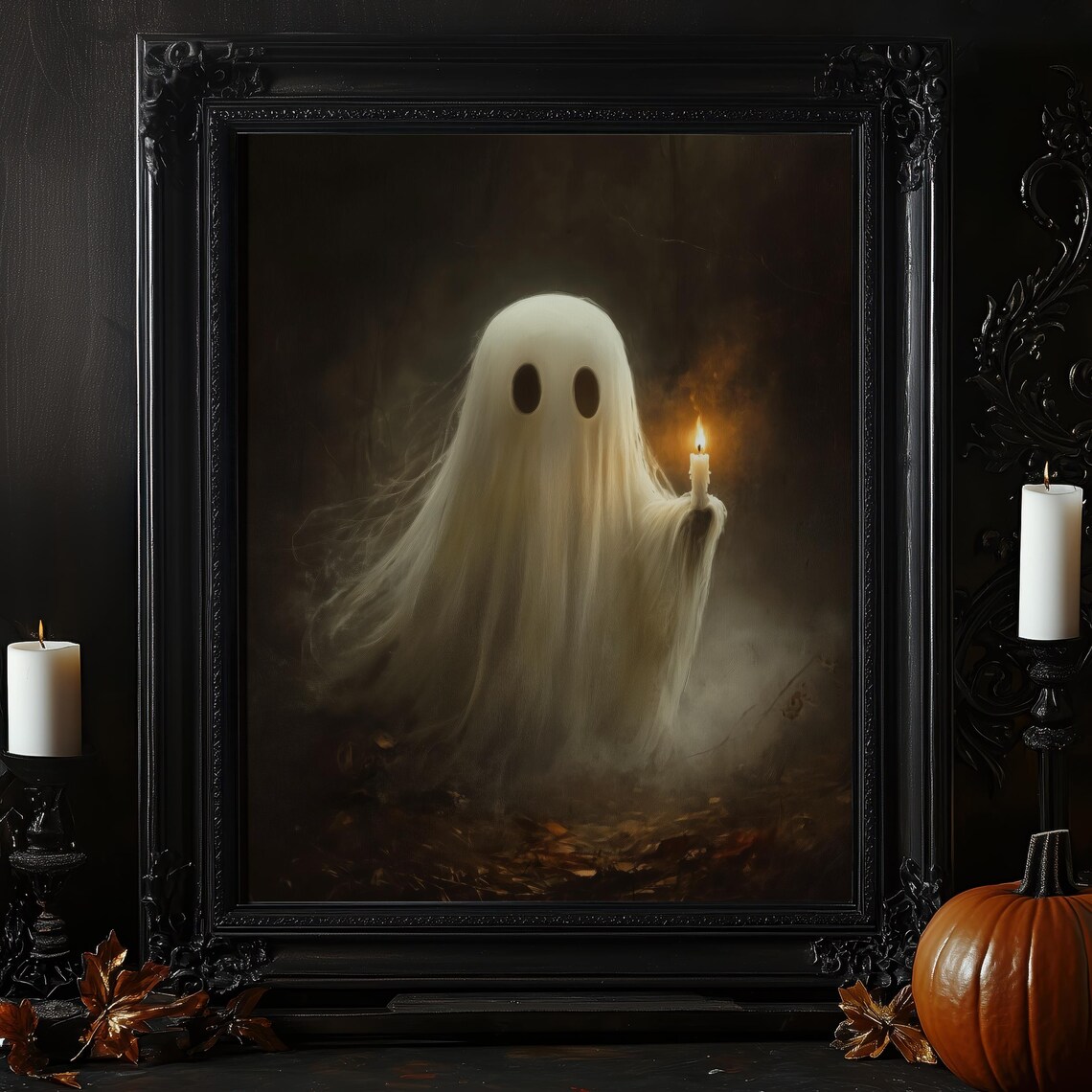 Cute Ghost Holding a Candle in a Dark Spooky Forest Painting Poster - Image 4