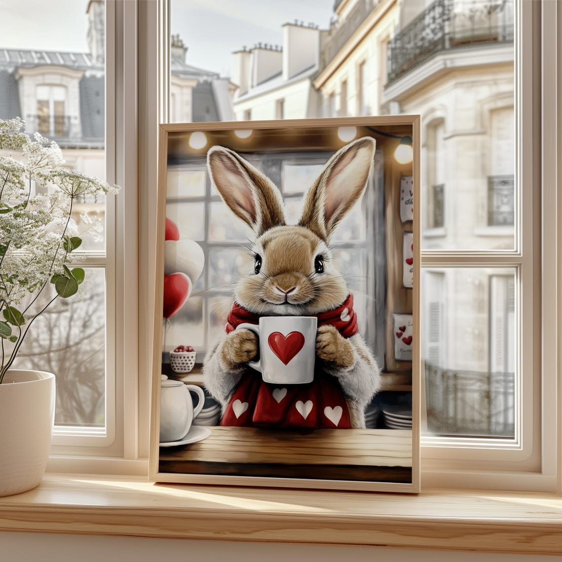 Bunny in Heart Scarf Drinking Cocoa Cafe Valentine Art Poster - Image 3