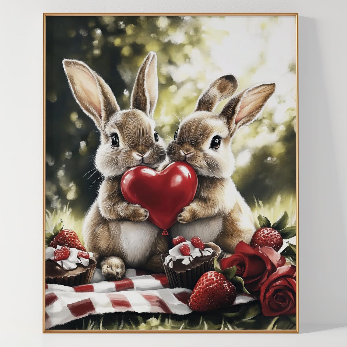 Two Bunnies Sharing Heart Balloon Strawberry Picnic Art Poster