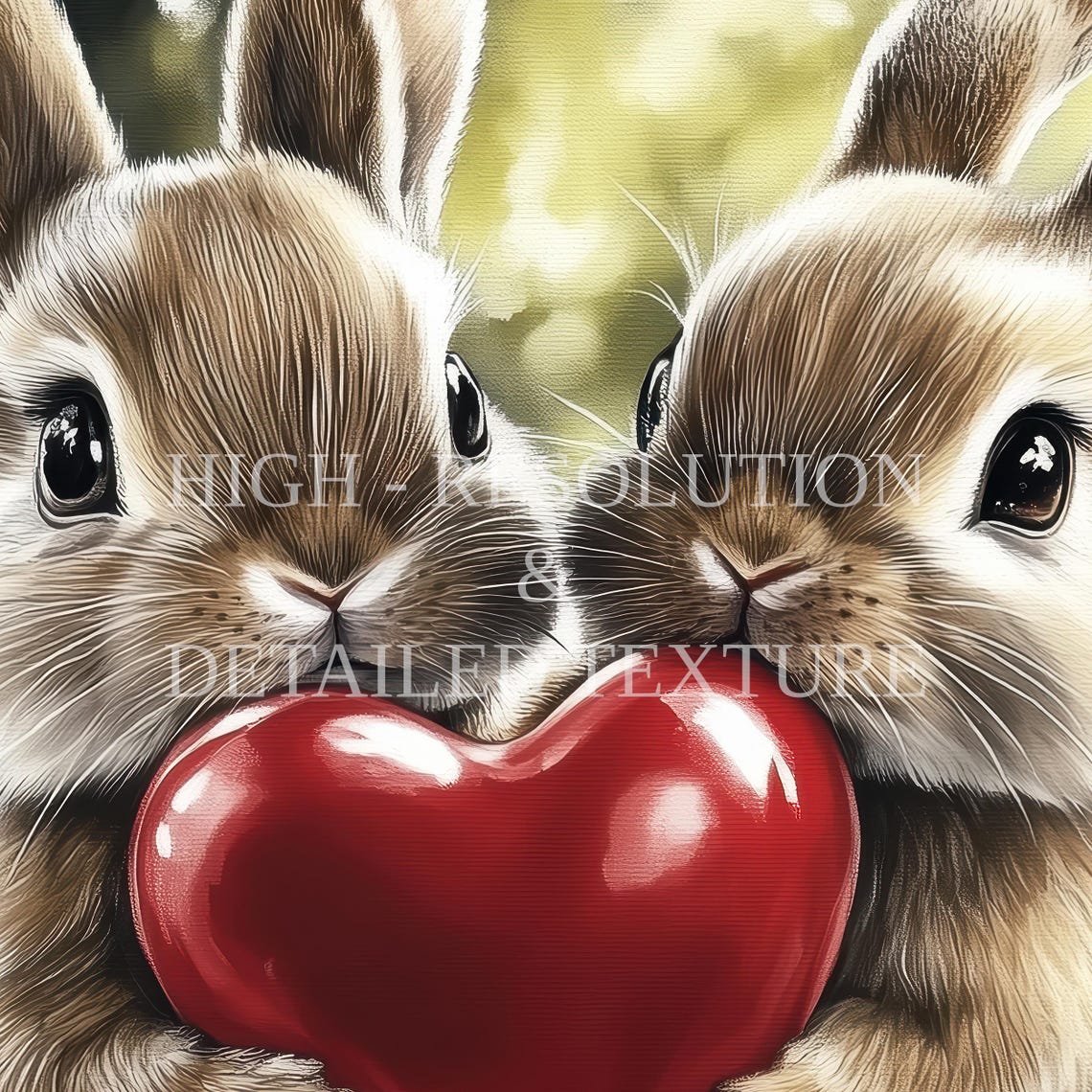 Two Bunnies Sharing Heart Balloon Strawberry Picnic Art Poster - Image 2