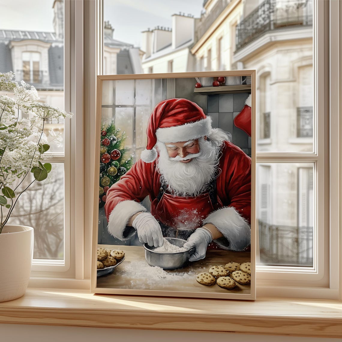 Santa Claus Baking Christmas Cookies in a Cozy Kitchen Poster - Image 3
