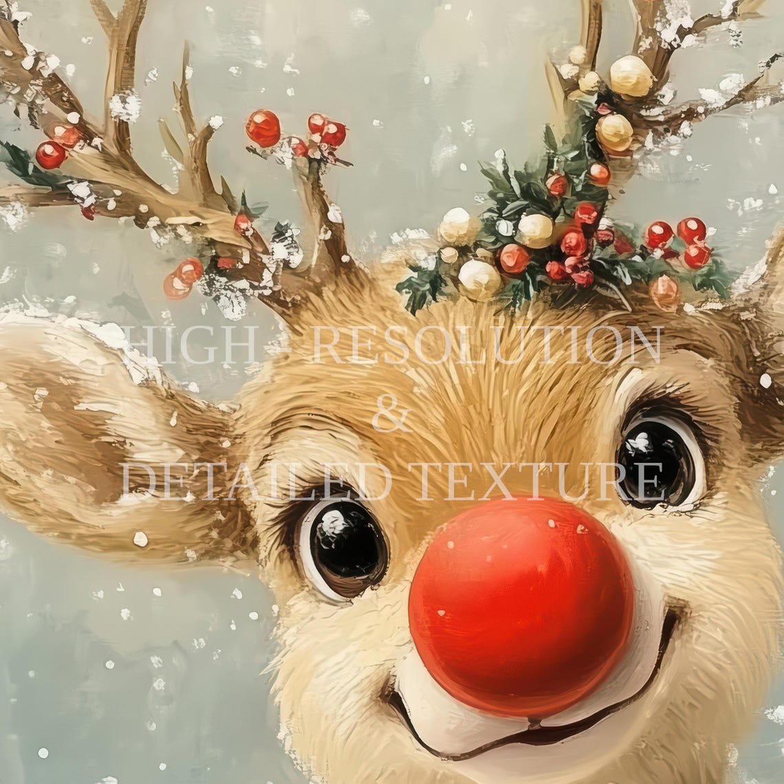 Cute Rudolph Reindeer with Red Nose by Christmas Tree Poster - Image 2