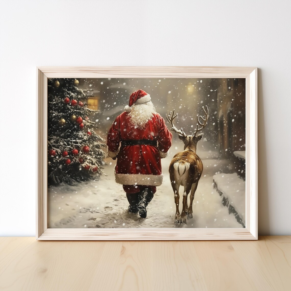Santa Walking with Reindeer Down a Snowy Street Christmas Poster - Image 4