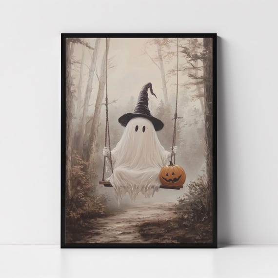 Cute Halloween Ghost On The Swing Print Vintage Spooky Forest Halloween Wall Art Gothic Fall Painting