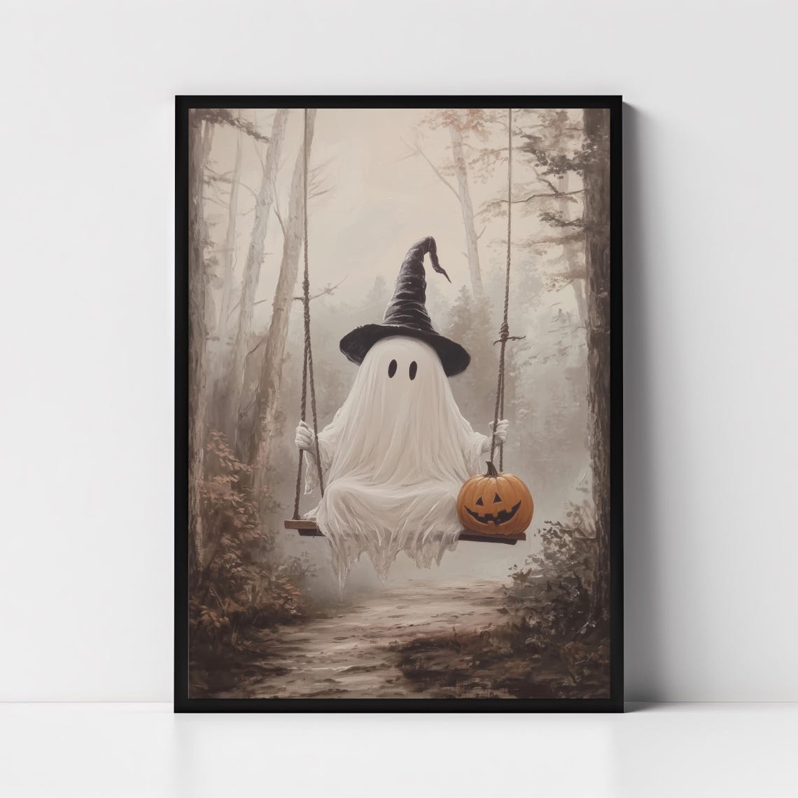 Cute Ghost in Witch Hat on Swing with Jack O Lantern Halloween Poster