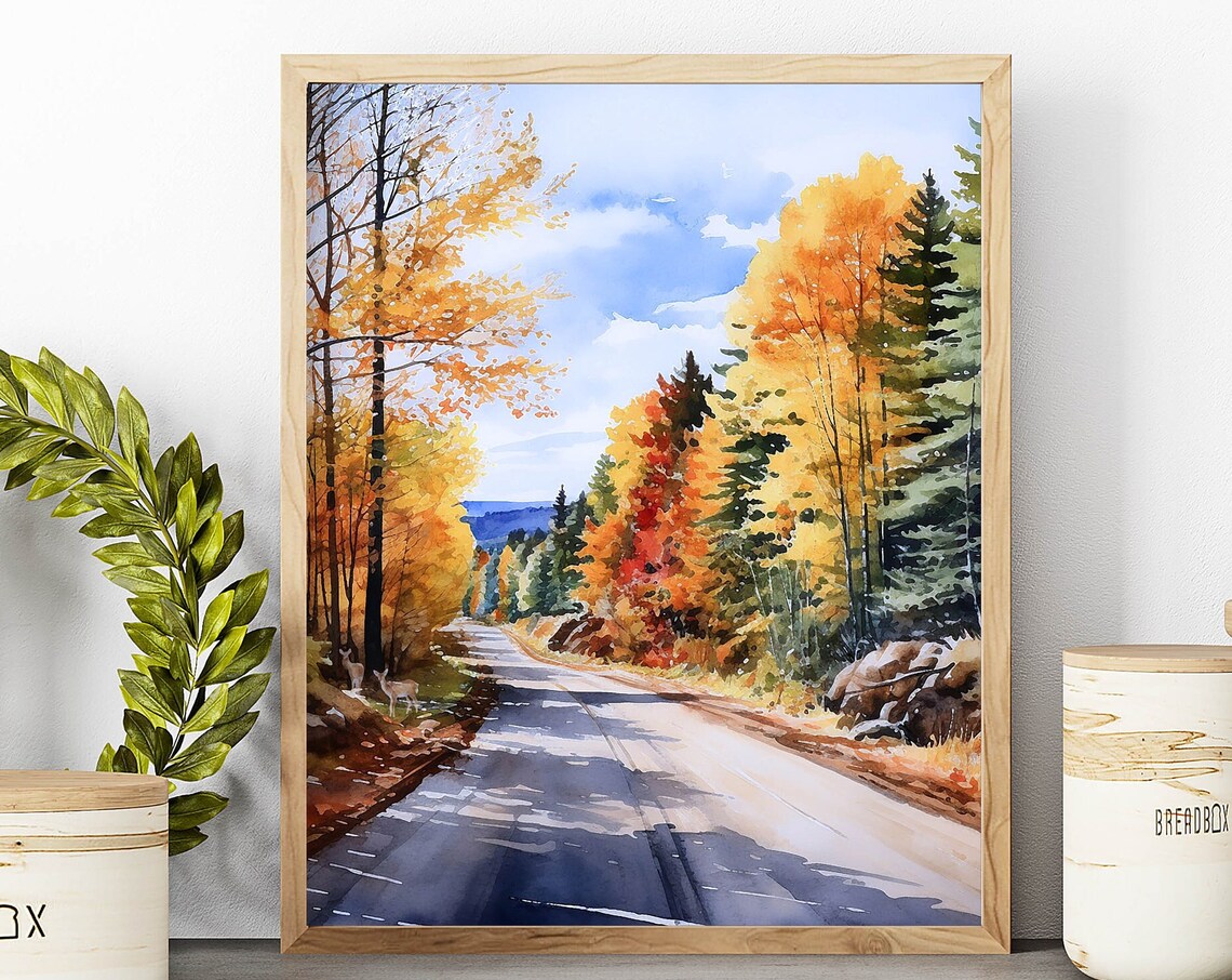 Golden Autumn Forest Road Watercolor Fall Landscape Art Print