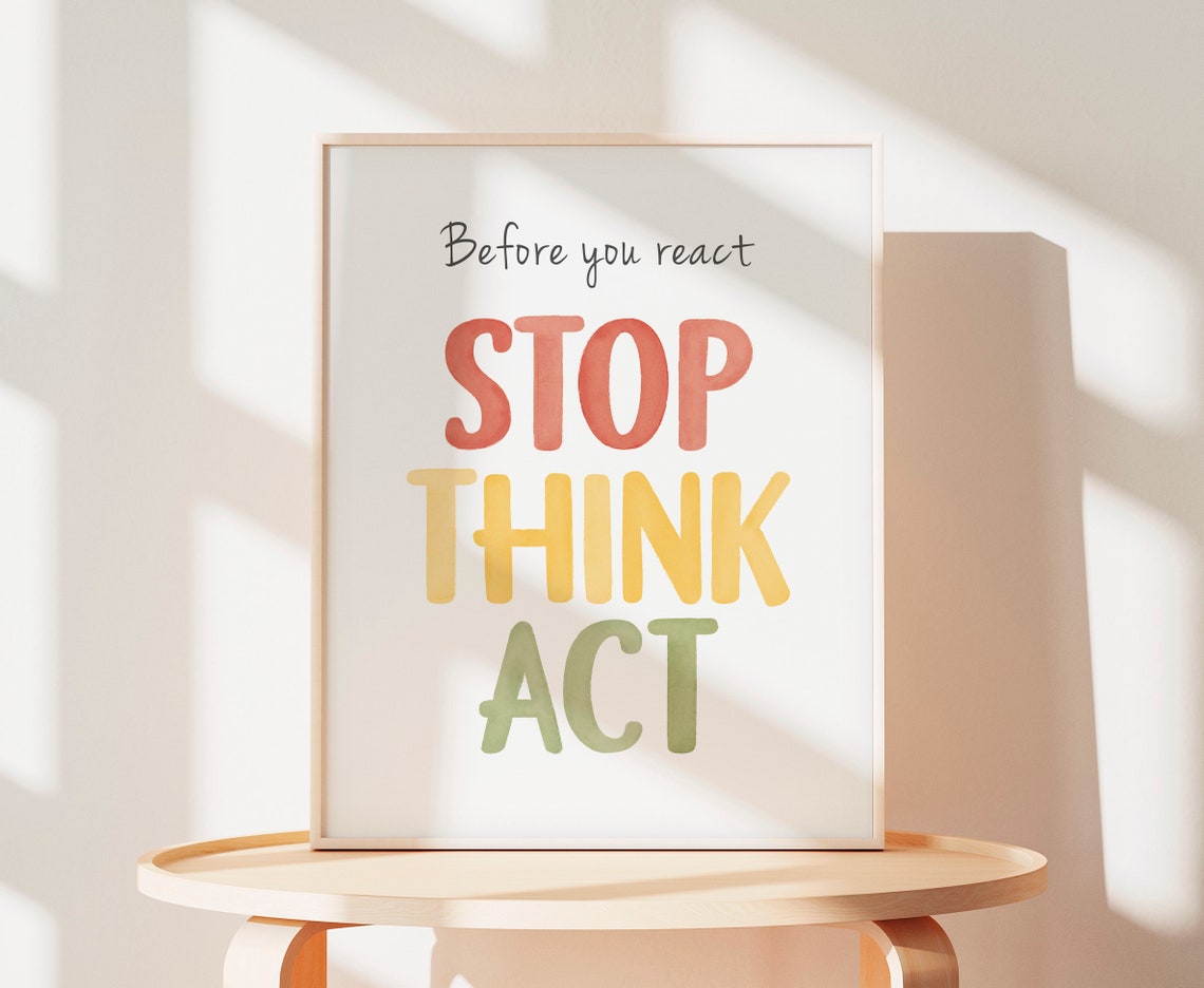 Before You React Stop Think Act Rainbow Watercolor Kids Quote Poster - Image 5