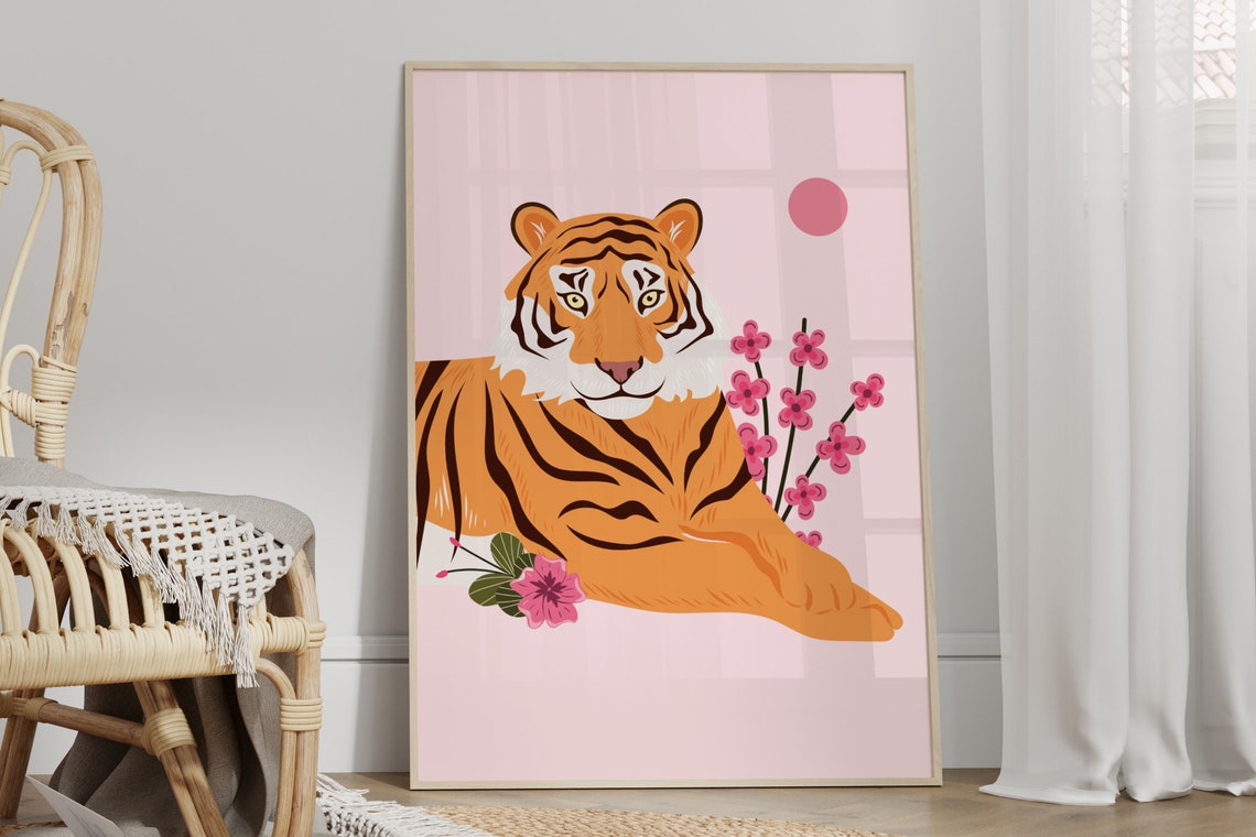 Cherry Blossom Tiger On Pink Retro Boho Illustration Wall Art