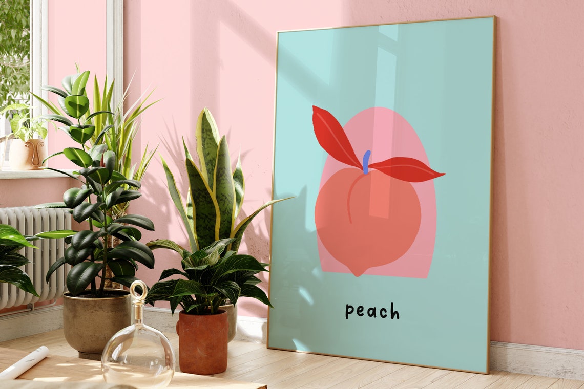 Peach Print Colourful Prints Unframed Retro Wall Art Abstract Poster Kitchen Decor Illustration