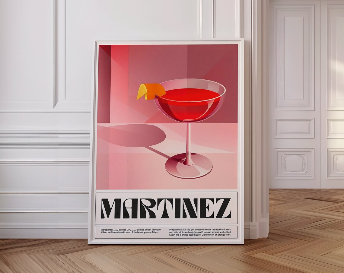 Martinez Cocktail Recipe Pink Coupe Vintage Bar Cart Art Poster