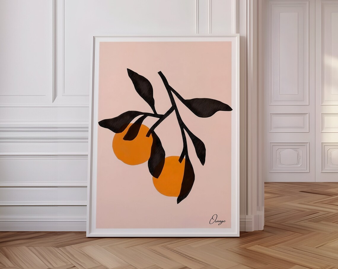 Minimalist Orange Branch Bold Black Leaf Modern Botanical Poster