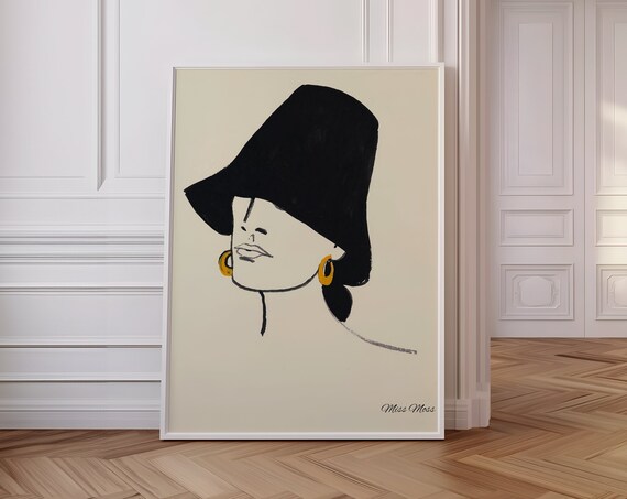 Miss Moss Chic Woman Oversized Black Hat Line Art Fashion Poster