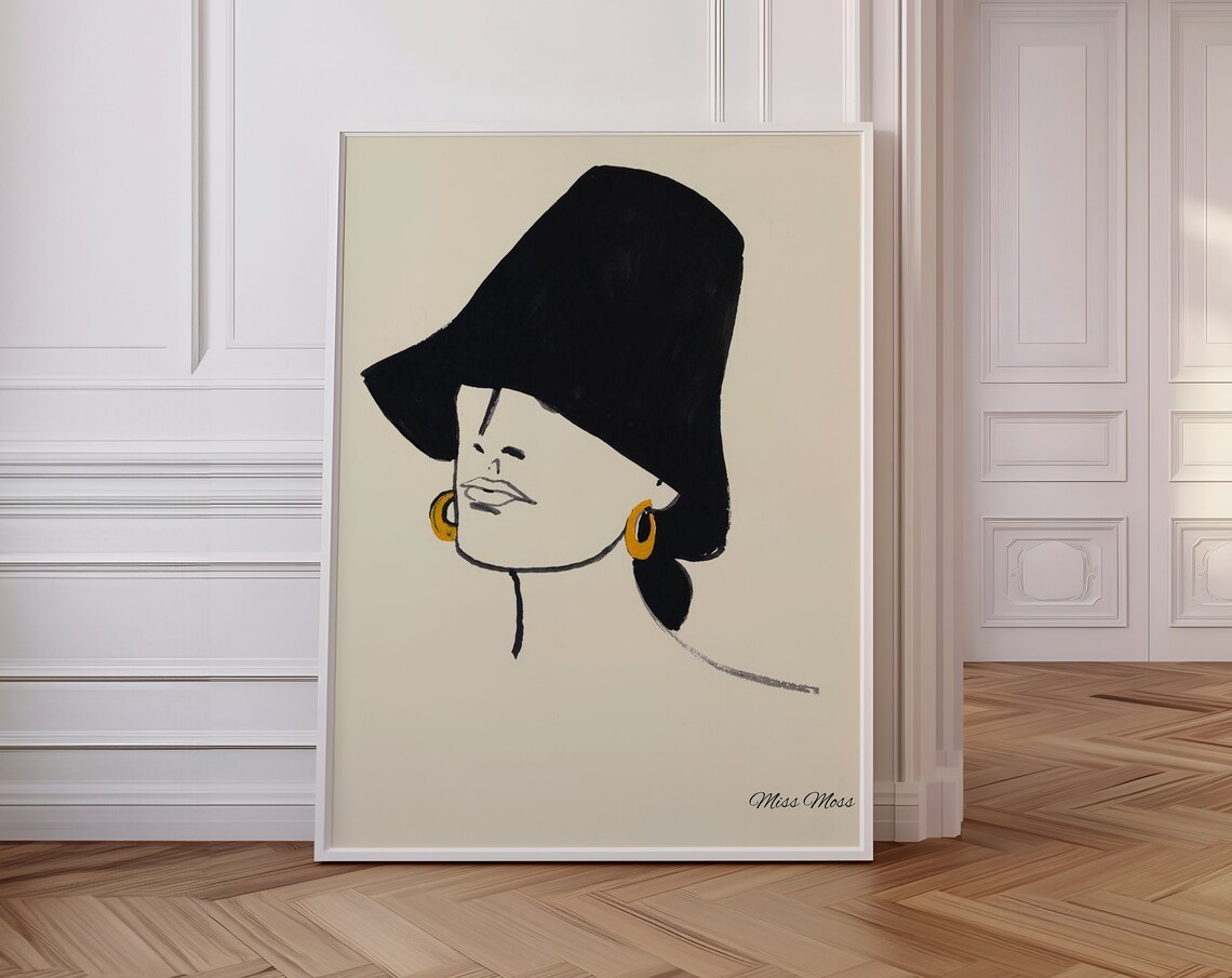 Miss Moss Chic Woman Oversized Black Hat Line Art Fashion Poster