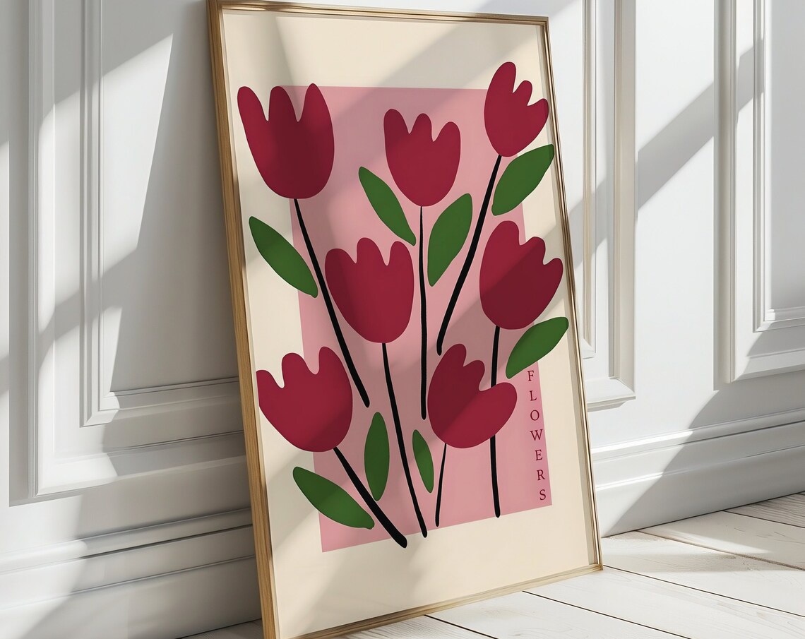 Red Tulips Abstract Flowers Pink Modern Floral Botanical Art Poster