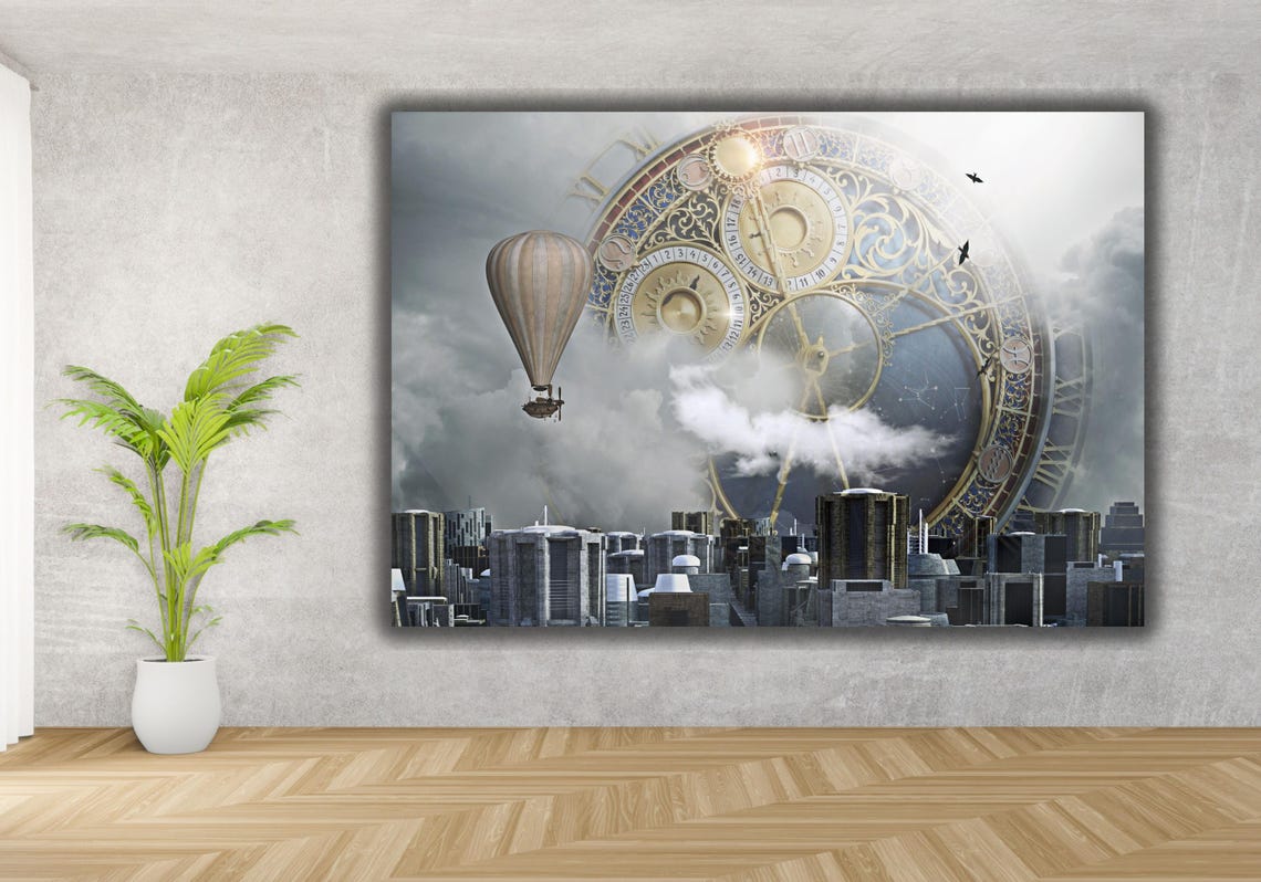 Steampunk Clock Hot Air Balloon City Surreal Collage Art Poster - Image 3