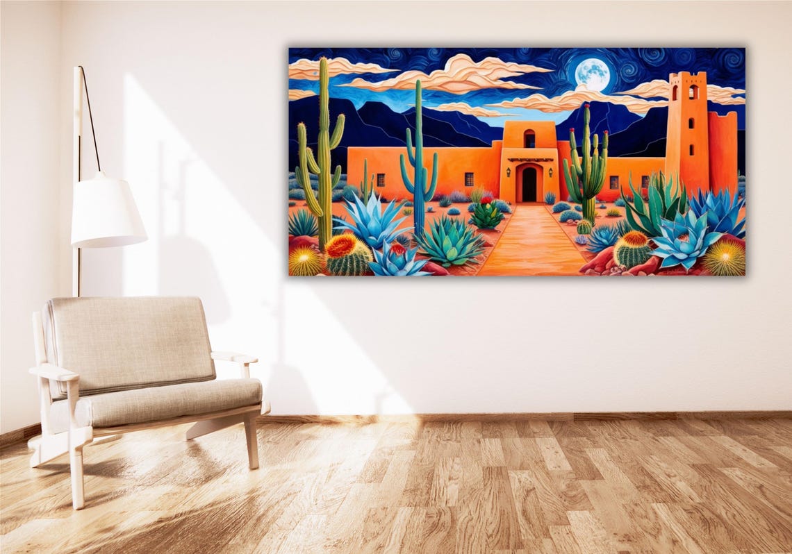 Southwest Desert Night Adobe Mission Saguaro Cactus Moonlight Poster - Image 2