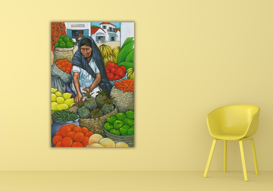 Mexican Market Vendor Woman Fruits Vegetables Colorful Folk Poster - Image 2
