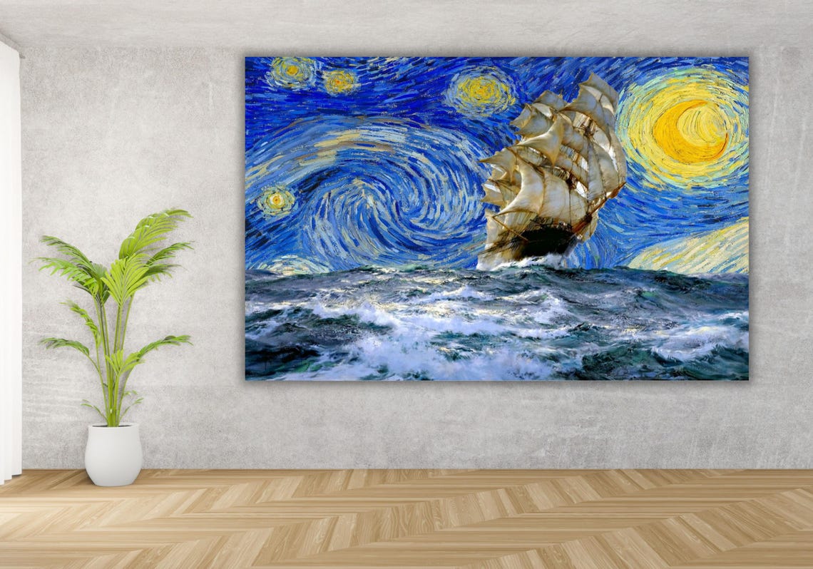 Tall Ship Sailing Under Starry Night Sky Ocean Swirl Art Poster - Image 3