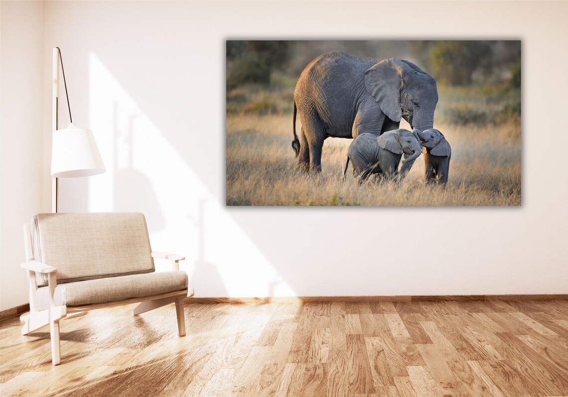 Elephant Mother with Two Calves African Savanna Wildlife Photo Poster - Image 2