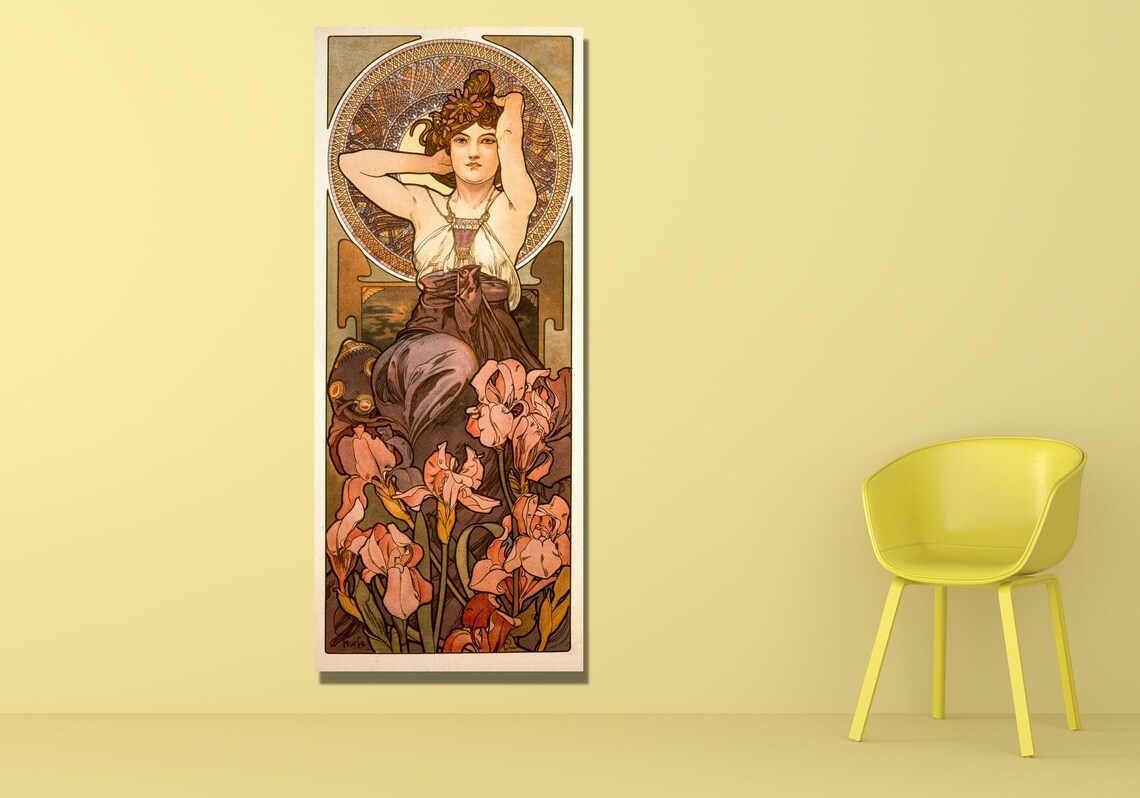 Vintage Mucha Art Nouveau Woman with Irises Floral Beauty Poster - Image 3