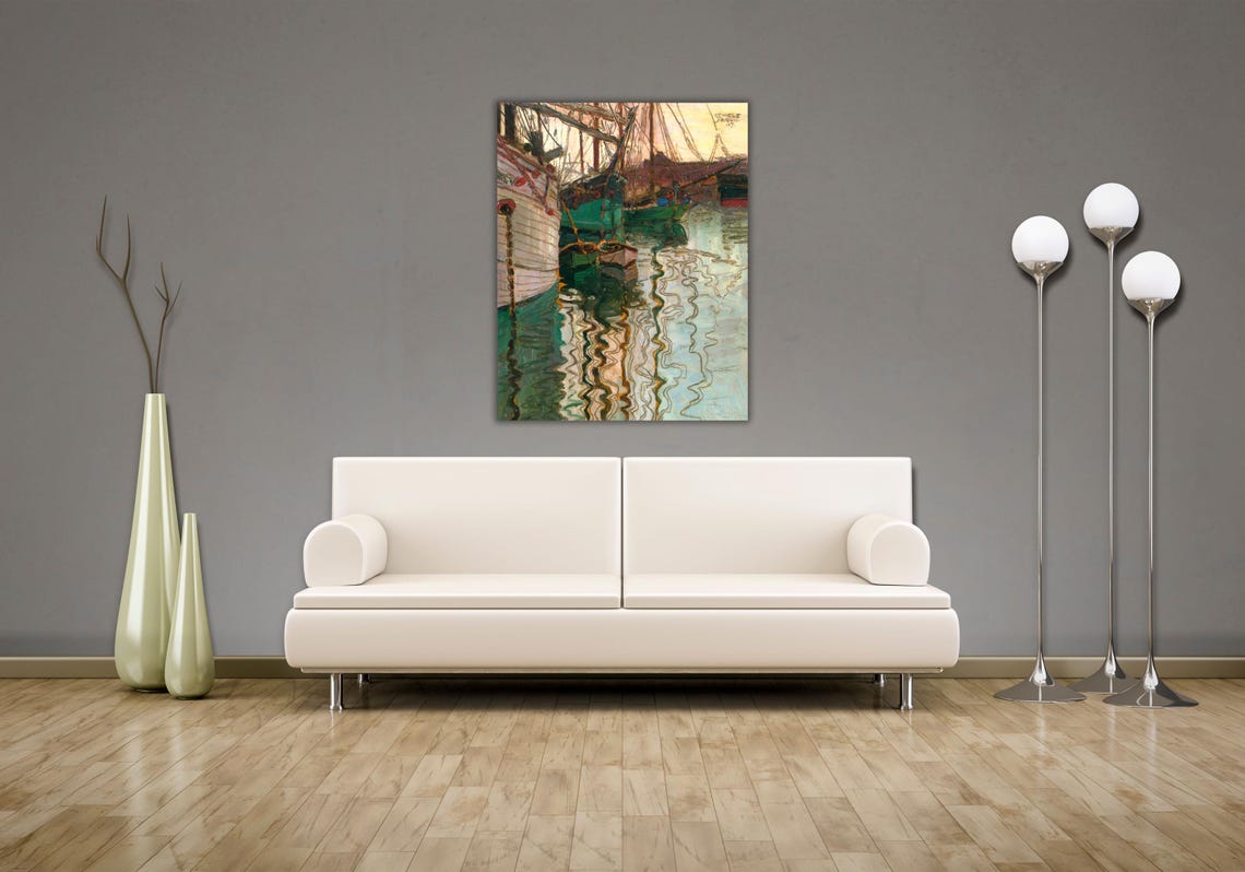 Schiele Fishing Boats in Harbor with Wavy Reflections Art Poster - Image 2