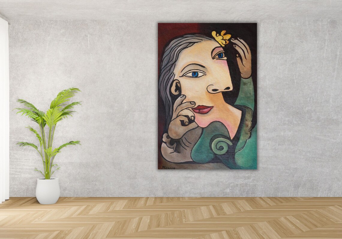 Pablo Picasso Cubist Woman Portrait Green Dress Red Background Poster - Image 3