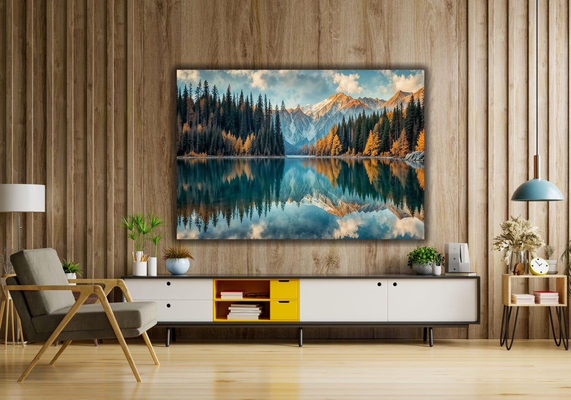 Mirror Lake Mountain Reflection Autumn Pine Forest Landscape Poster - Image 2