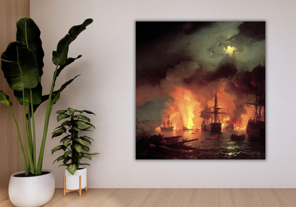 Dramatic Night Naval Battle Burning Tall Ships Ocean Art Poster - Image 3
