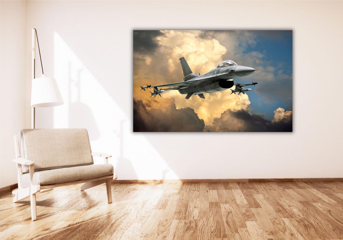 F16 Fighter Jet Soaring Golden Clouds Military Aviation Poster - Image 2