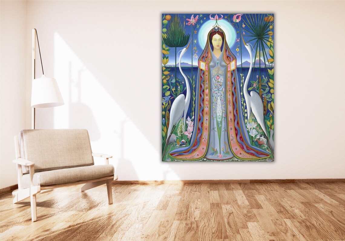 Symbolist Madonna With Halo and White Herons Night Garden Poster - Image 2