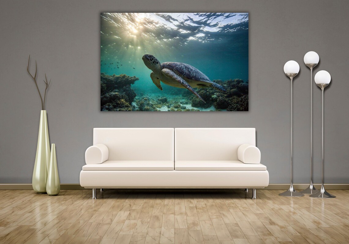 Green Sea Turtle Swimming Under Sun Rays Ocean Wildlife Art Poster - Image 2