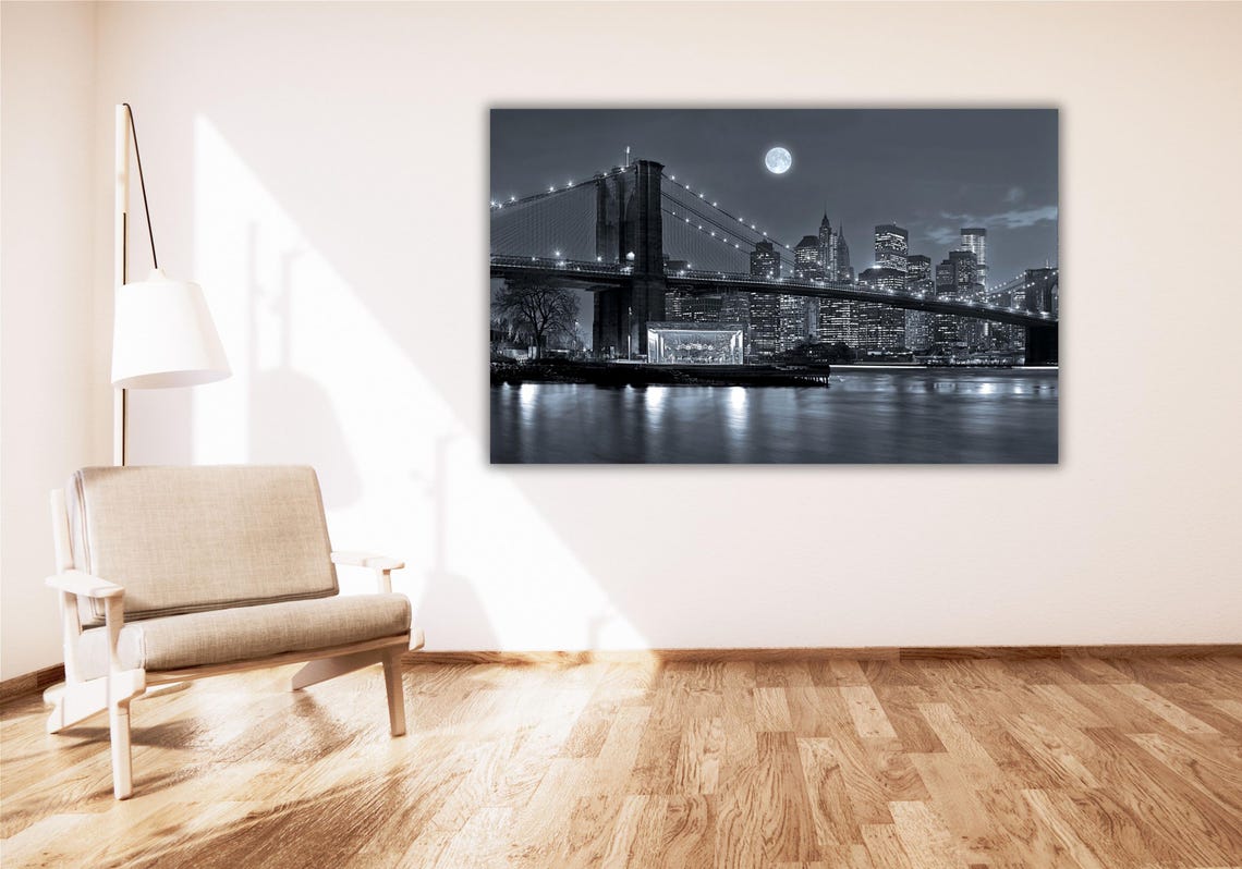 Brooklyn Bridge Night Full Moon Manhattan Skyline Black White Poster - Image 2