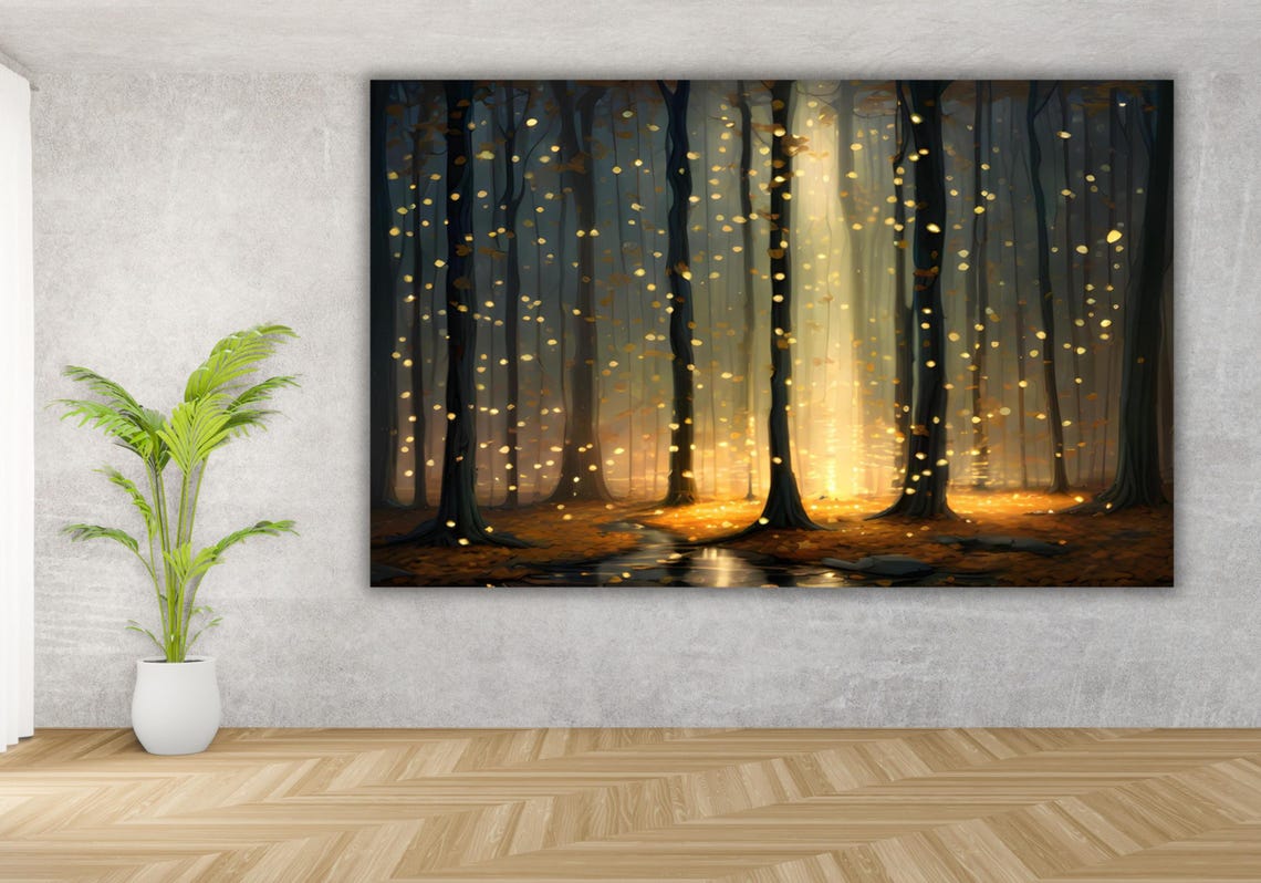 Mystical Firefly Forest Golden Lights Enchanted Woods Art Poster - Image 3