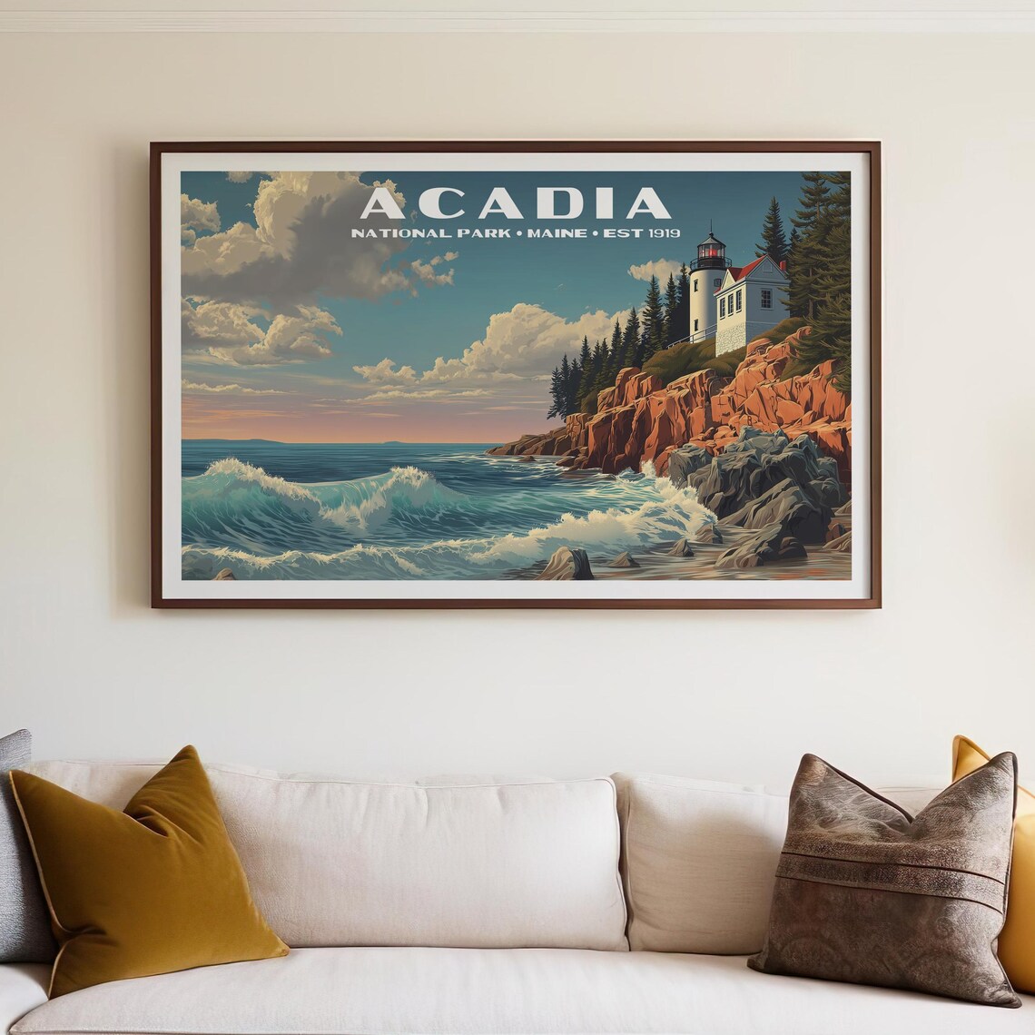 Acadia National Park Maine Vintage Lighthouse Coastal Poster