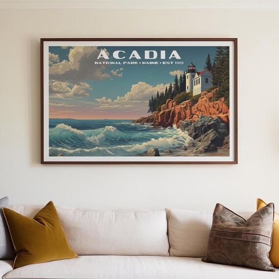 Acadia National Park Maine Vintage Lighthouse Coastal Poster