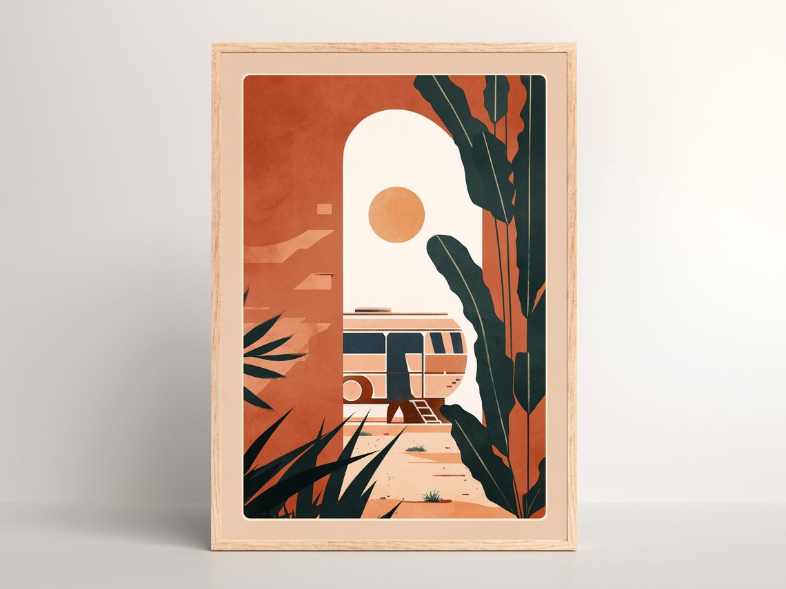 Boho Minimalist Print Abstract Mid Century Wall Art Terracotta Moroccan Westfalia Vw Desert