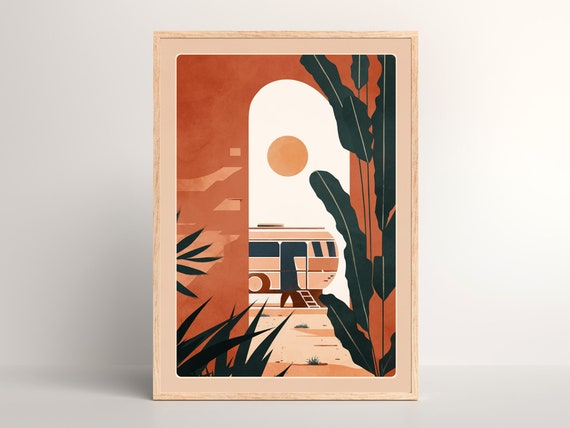 Boho Minimalist Print Abstract Mid Century Wall Art Terracotta Moroccan Westfalia Vw Desert