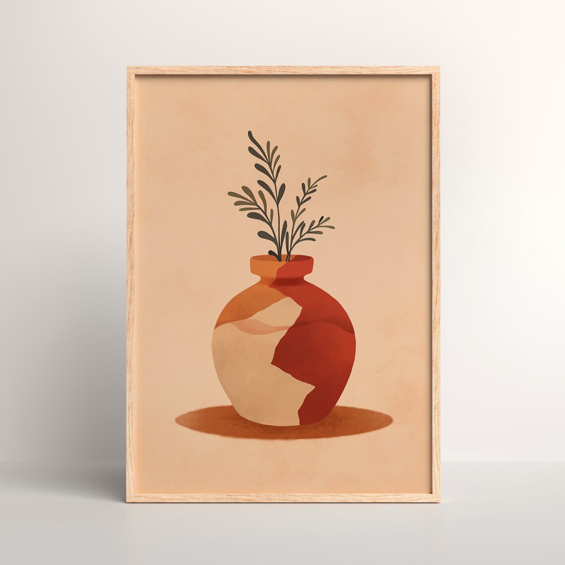 Round Terracotta Vase with Leaves Warm Modern Still Life Poster