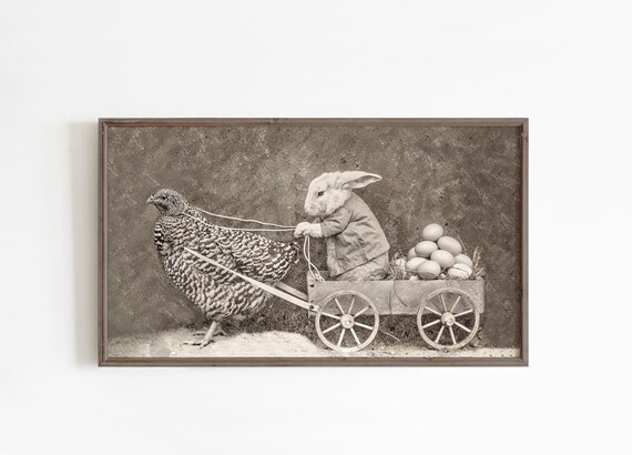 Rabbit Cart Pulled by Hen with Eggs Sepia Whimsical Vintage Wall Art