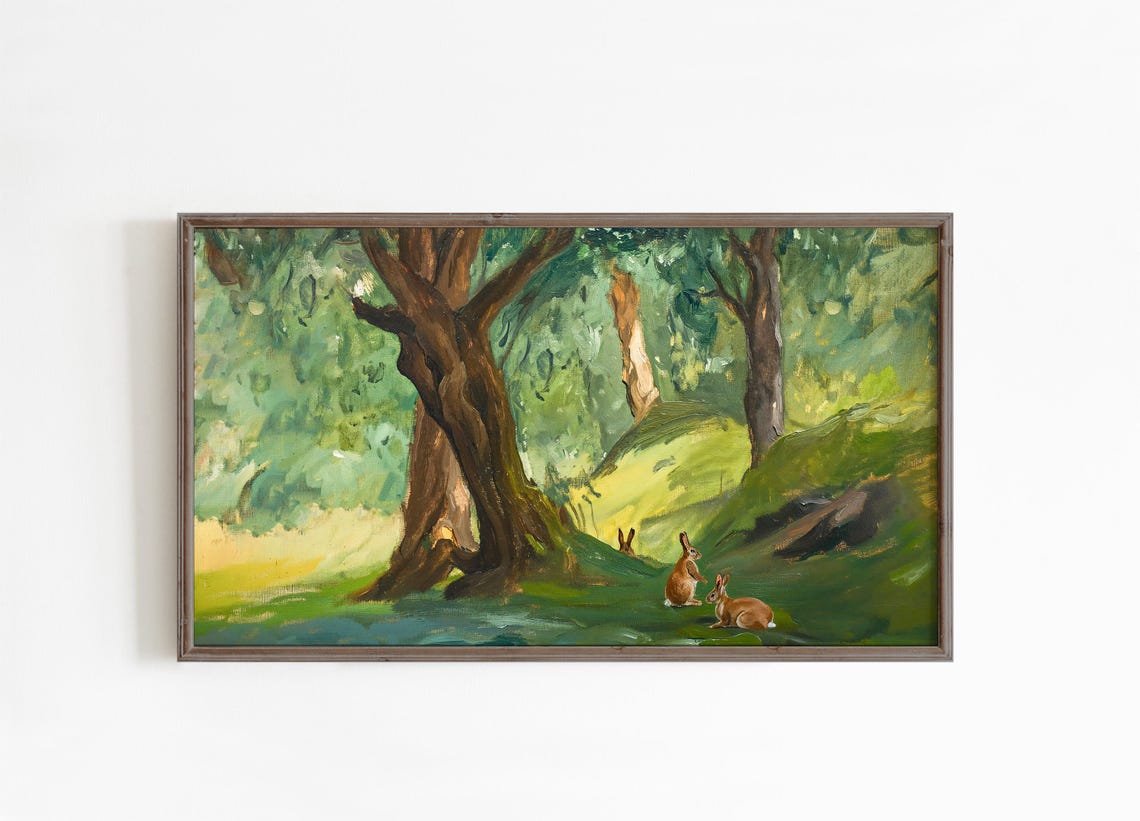 Green Spring Forest Rabbits Under Ancient Tree Vintage Painting Poster - Image 2