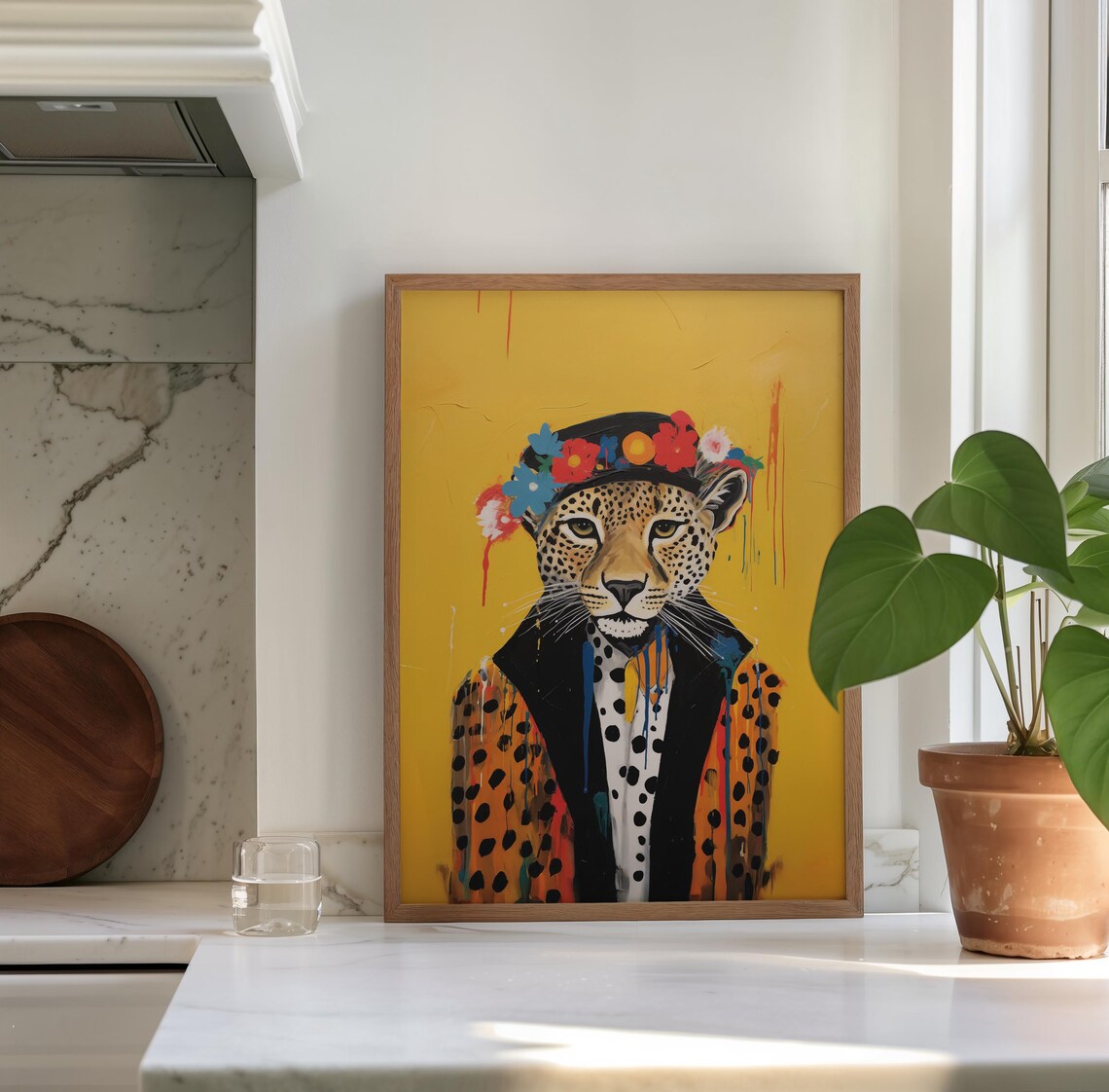 Leopard In Flower Crown Polka Dot Blazer Mustard Yellow Art Poster - Image 3