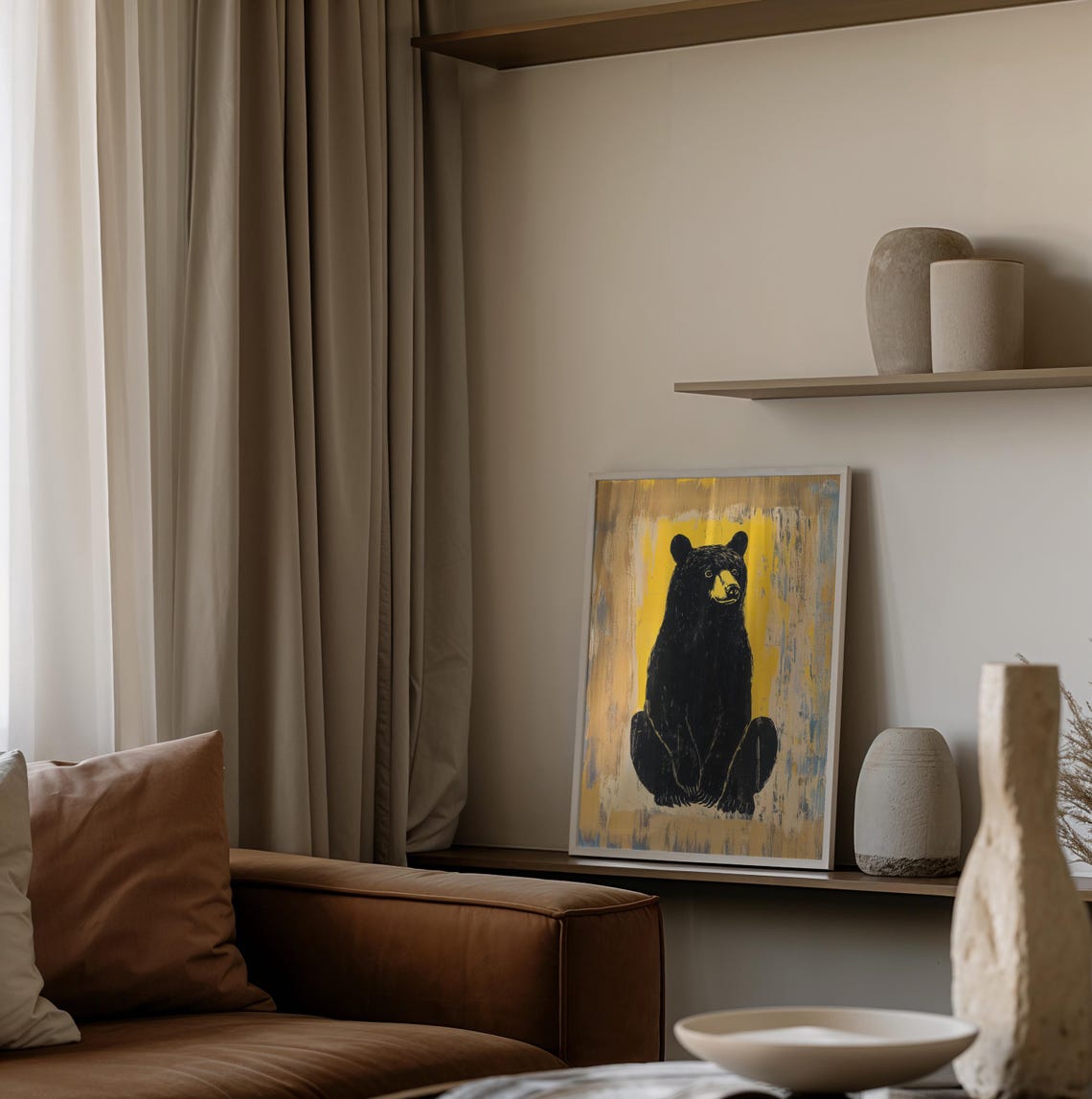 Seated Black Bear Ink Illustration on a Mustard Yellow Texture Poster - Image 3